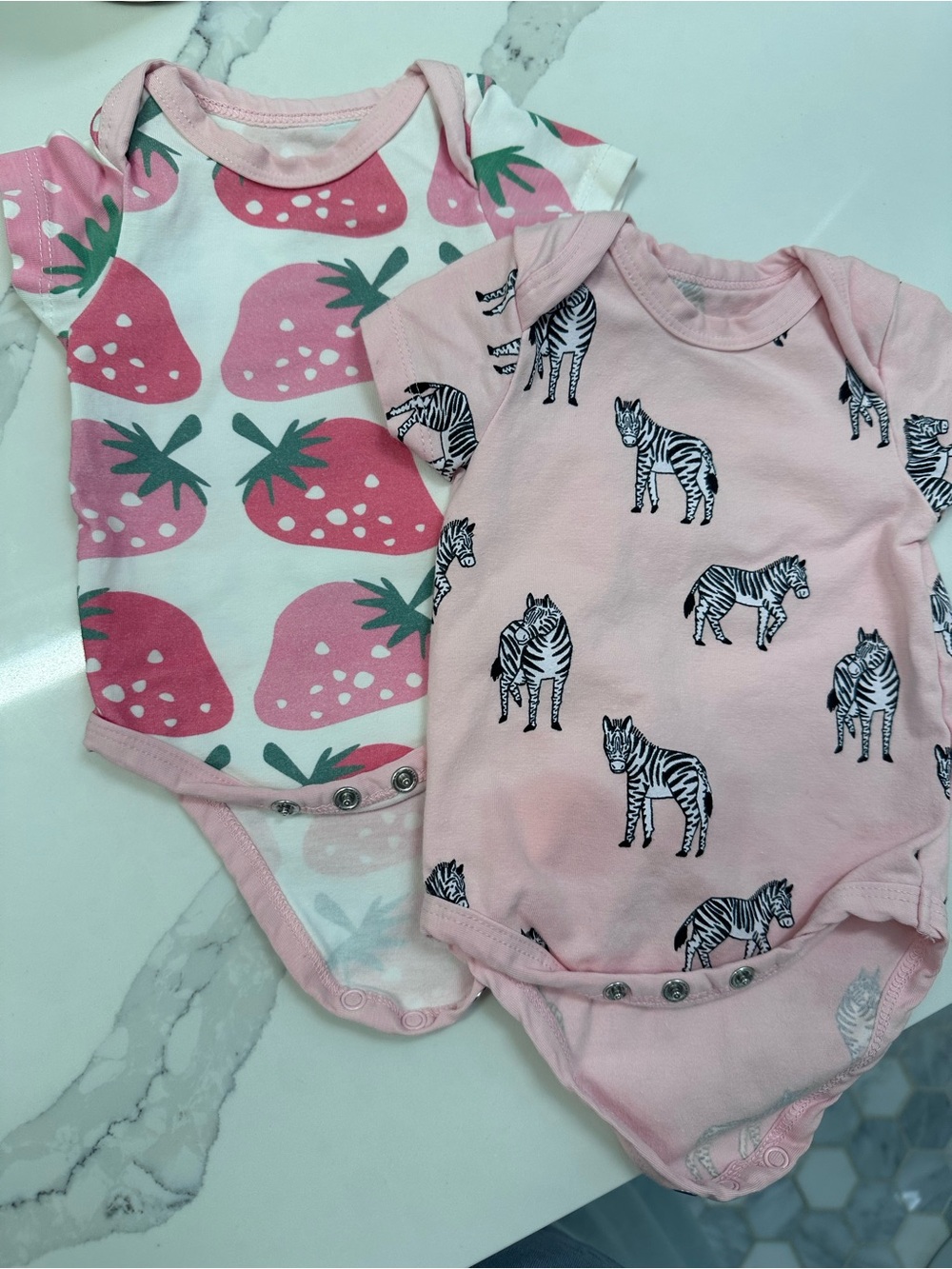 Monica & Andy Pink Strawberry & Zebra Print Baby Bodysuits, size newborn